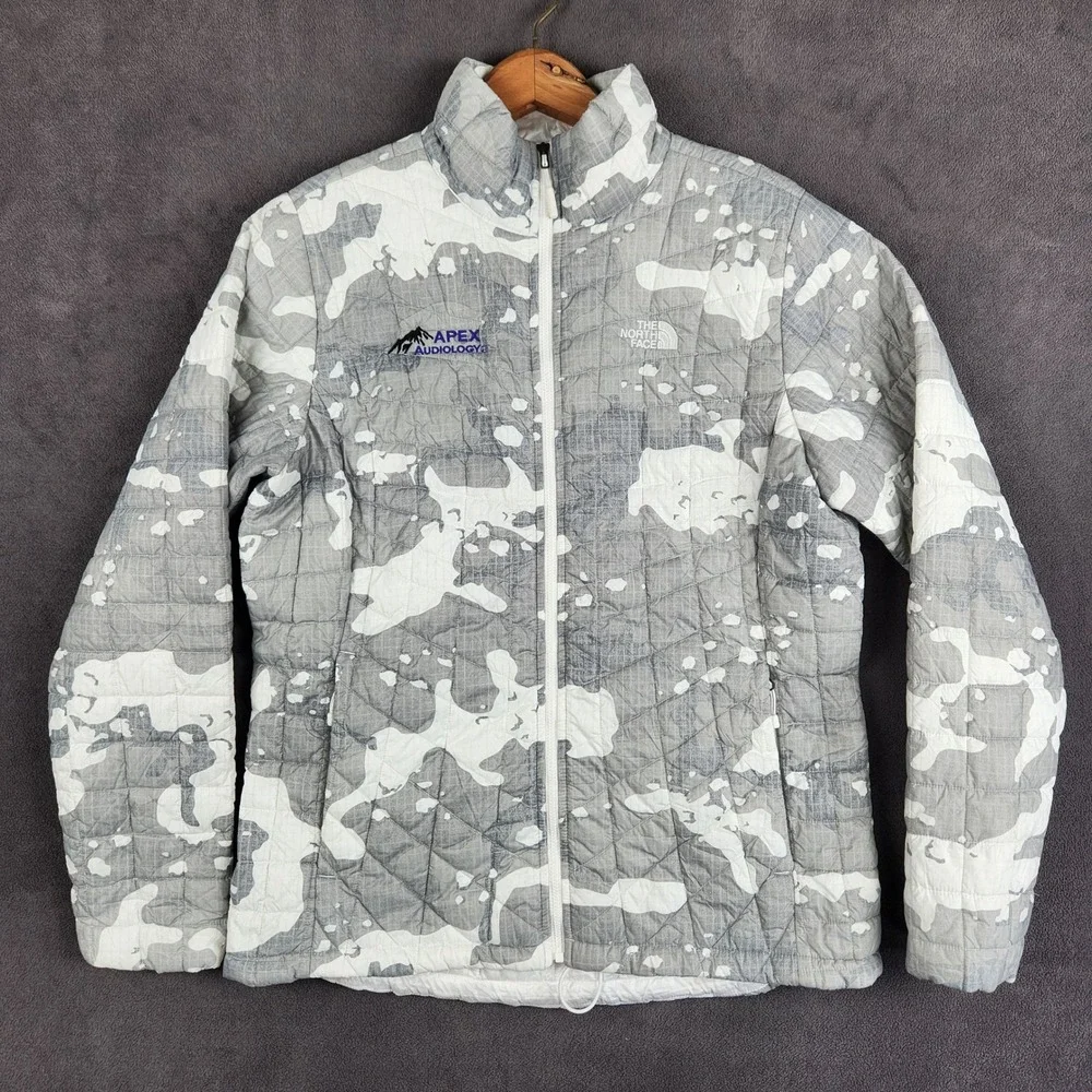 The North Face ThermoBall Trekker Jacket Women Large‎ Camo Apex Audiology Logo